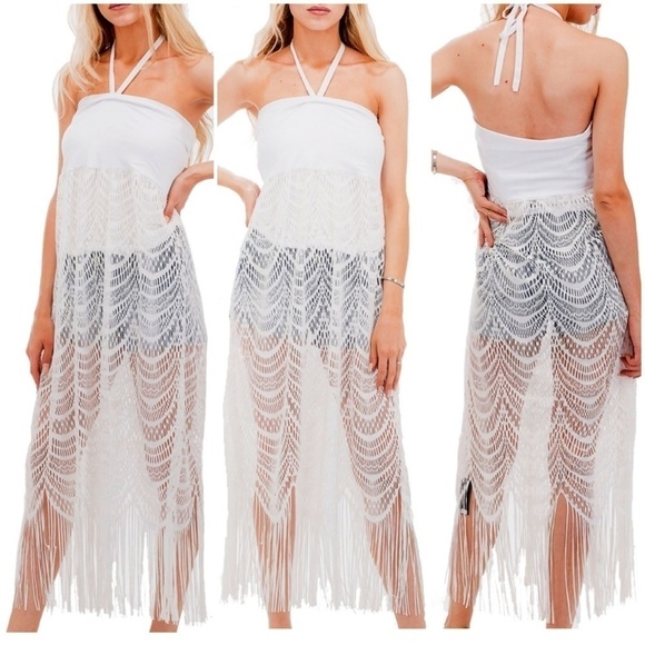 camps_boutique Other - Long Halter Lace Crochet Fringe Swim Cover-up
